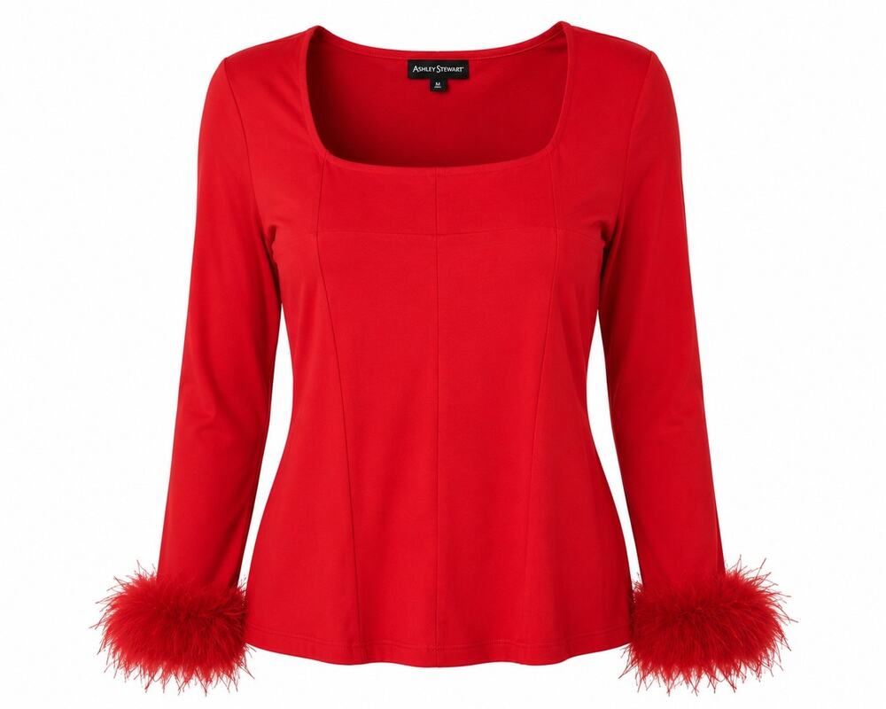 Ashley Stewart Women's Med Red Blouse Feather Cuffs Sheer Sleeves Y2K GLAM top